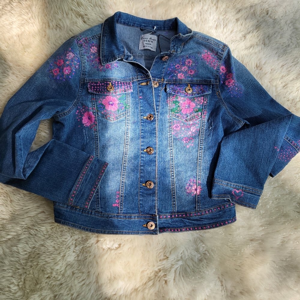 Washable, handpainted jean jacket.